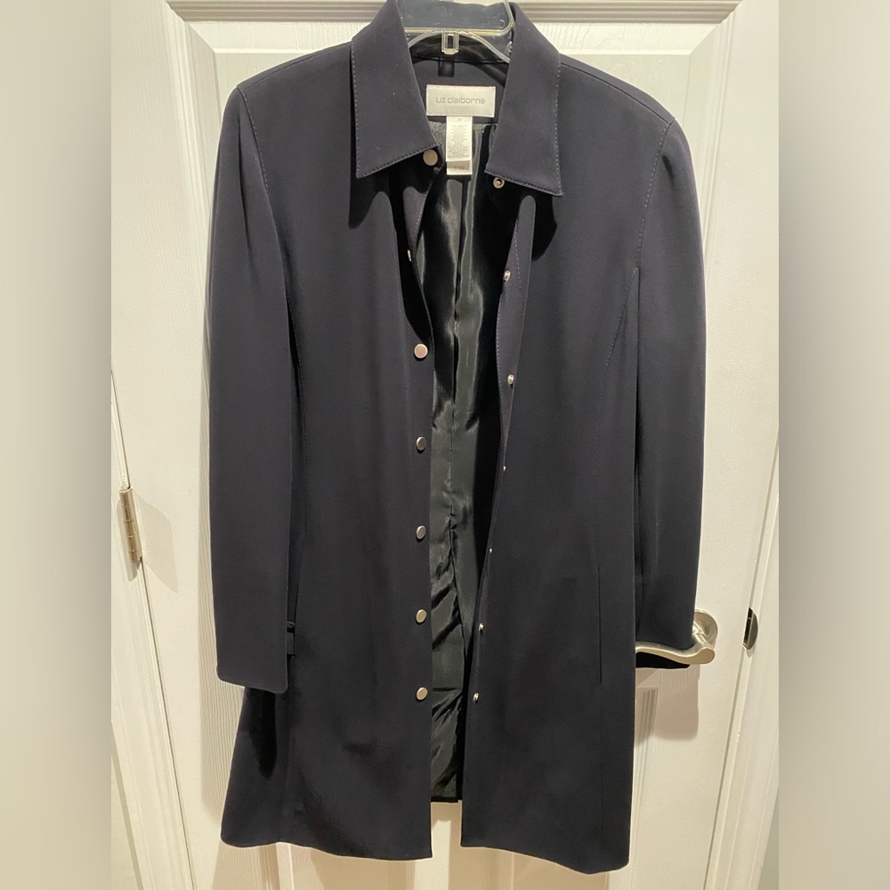 Womens Liz Claiborne long belted suit Jacket Navy Size 12